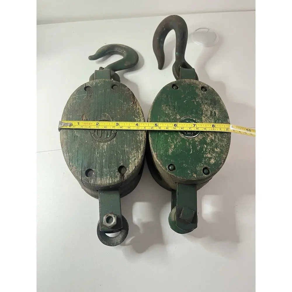 Set Of 2 Vintage Wooden Block Tackle Pulley Barn Industrial Decor Steampunk VTG